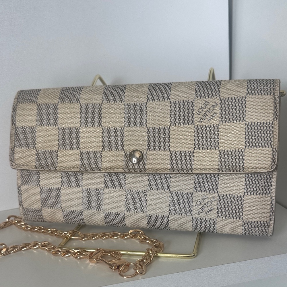 Authentic Louis Vuitton Damier Azur Long Wallet with UNBRANDED Gold PLATED CHAIN